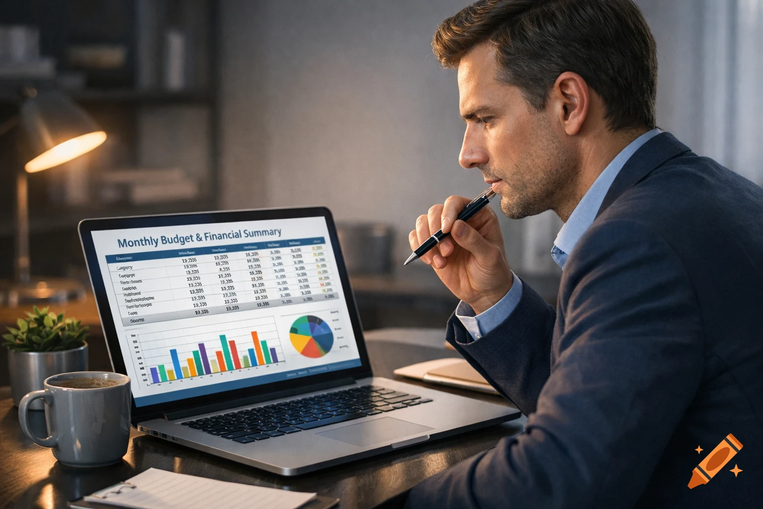Professional man in a suit reviews a financial spreadsheet on a laptop in an office setting.