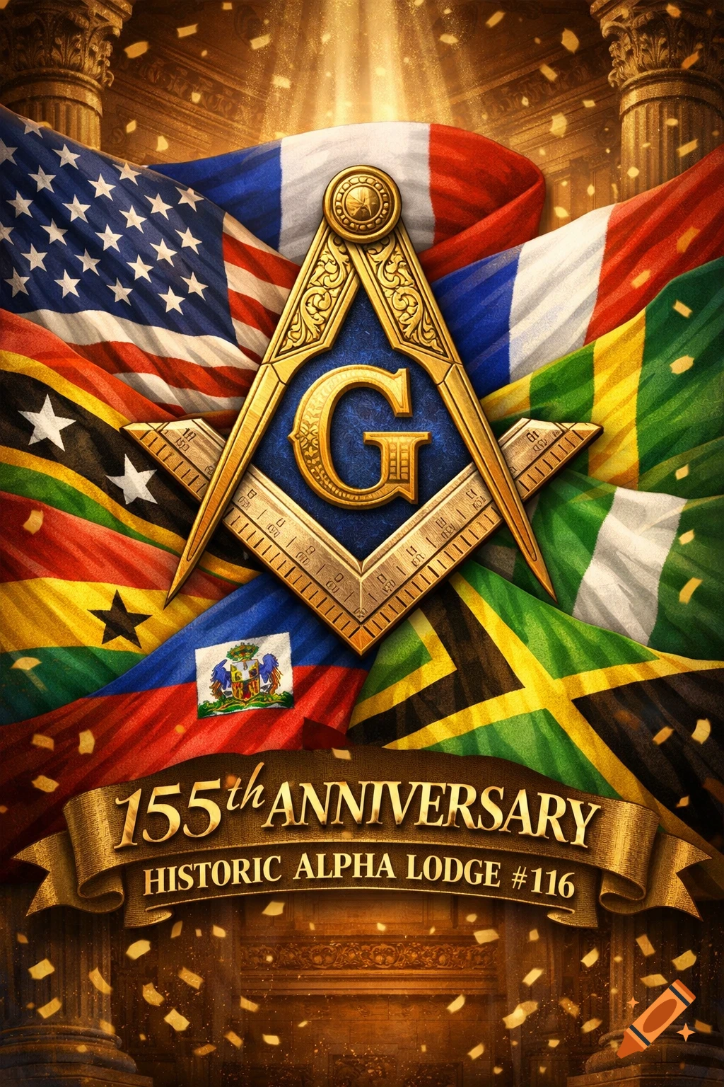 Masonic compass and square symbol with a 'G' over a backdrop of intertwined flags including the USA, France, Haiti, and Jamaica. A banner below reads "155th ANNIVERSARY HISTORIC ALPHA LODGE #116".