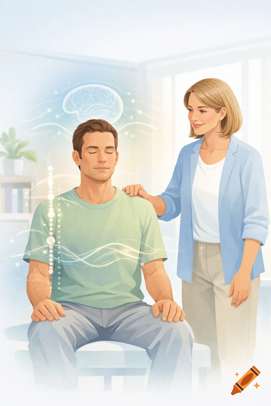 An illustrated man meditating with closed eyes, a caregiver's hand on his shoulder, with glowing brain patterns in a bright medical setting.