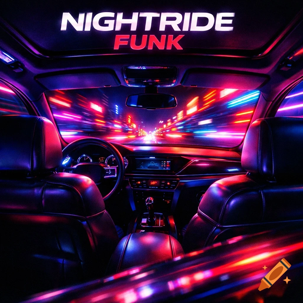 Interior car view at night with blurring purple and blue neon lights outside, titled 'NIGHTRIDE FUNK' in a retro-futuristic aesthetic.