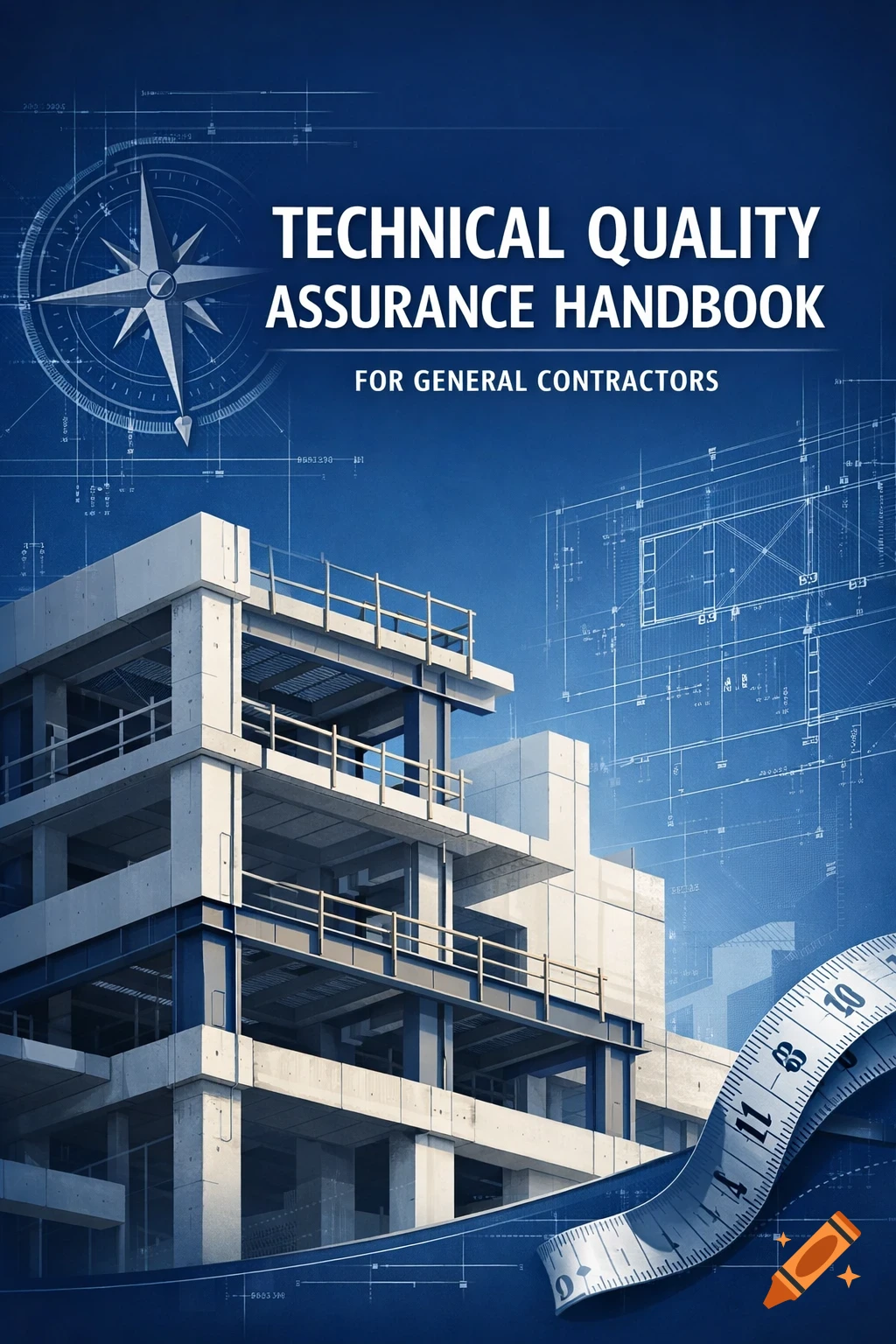 A blue book cover for a 'Technical Quality Assurance Handbook' featuring a building under construction, blueprints, a compass, and a measuring tape.