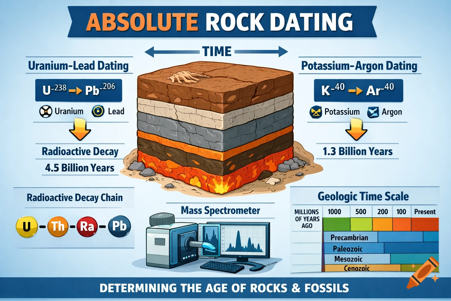 An infographic titled 'Absolute Rock Dating' explaining Uranium-Lead and Potassium-Argon dating methods with diagrams of layered rock, decay chains, and a geologic time scale.