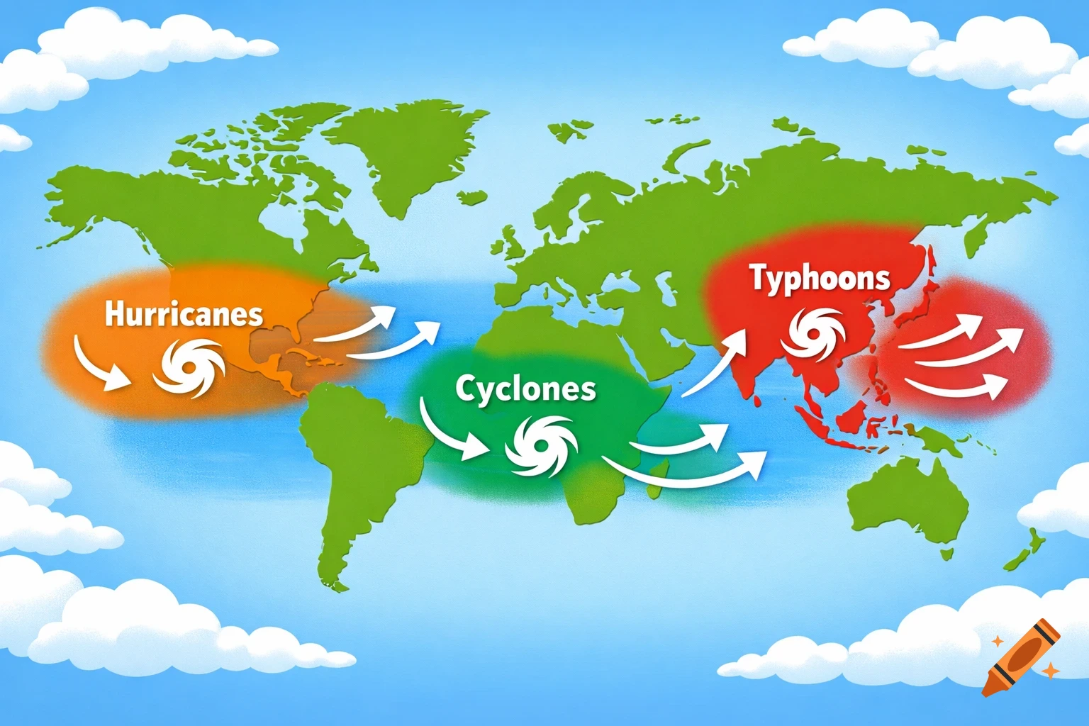 A cartoon world map illustrating the global formation regions of hurricanes, cyclones, and typhoons.