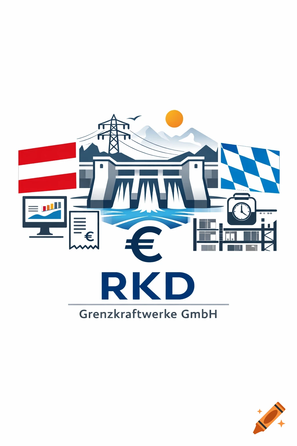 A modern logo for RKD Grenzkraftwerke GmbH, featuring a hydroelectric power plant, Austrian and Bavarian flags, and business icons like a computer, receipt, clock, and euro symbol.