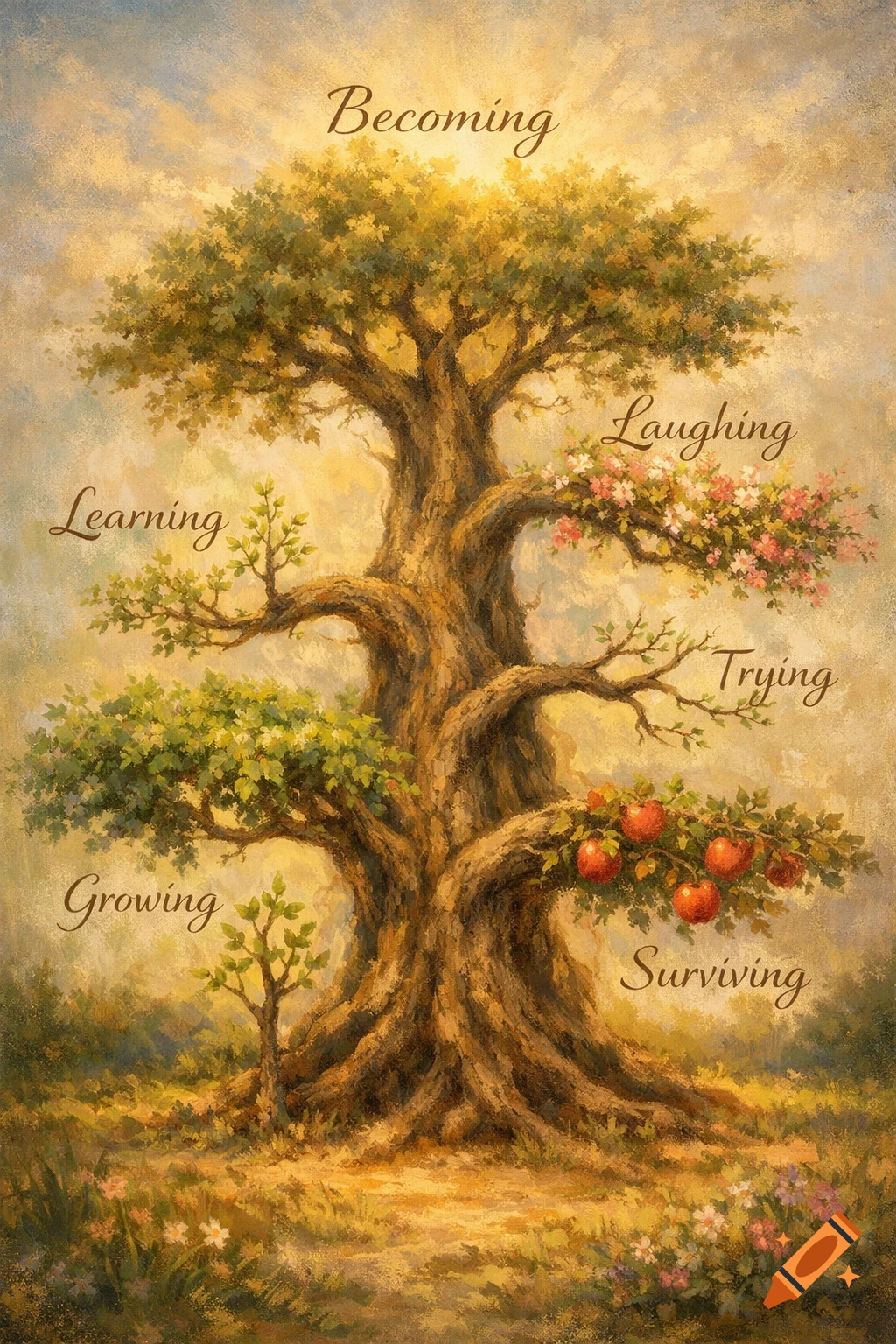 A vibrant oil painting of a large, gnarled tree with branches labeled 'Becoming,' 'Learning,' 'Growing,' 'Laughing,' 'Trying,' and 'Surviving.'