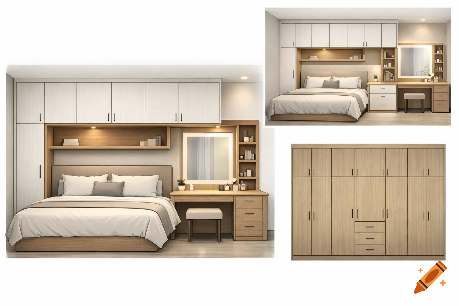 Modern custom-fitted bedroom furniture featuring a bed with overhead storage, an integrated dressing table with mirror, and a separate wardrobe.