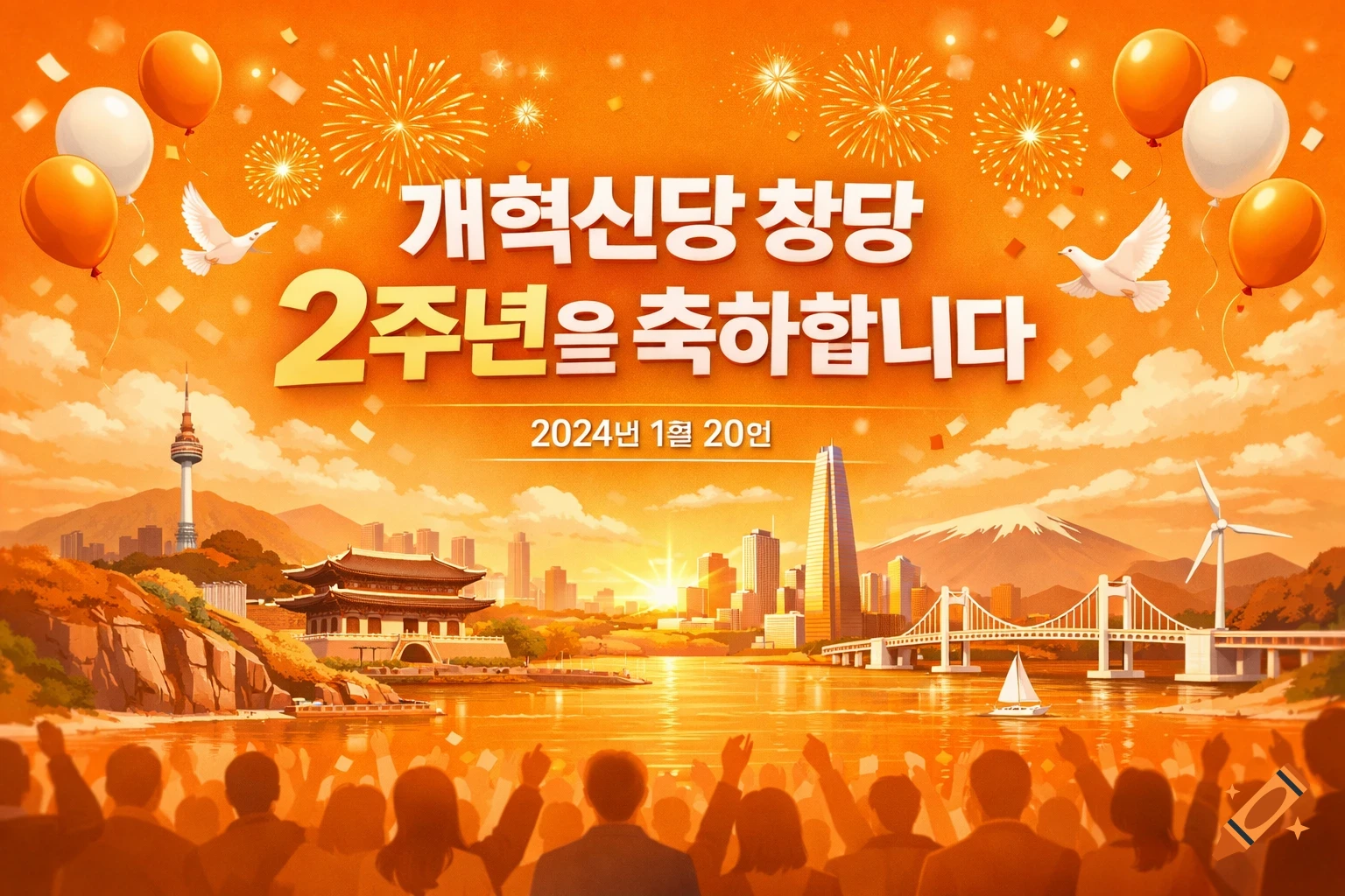 A vibrant orange illustration of a Korean cityscape with fireworks, balloons, doves, and a crowd, with Korean text celebrating an anniversary.