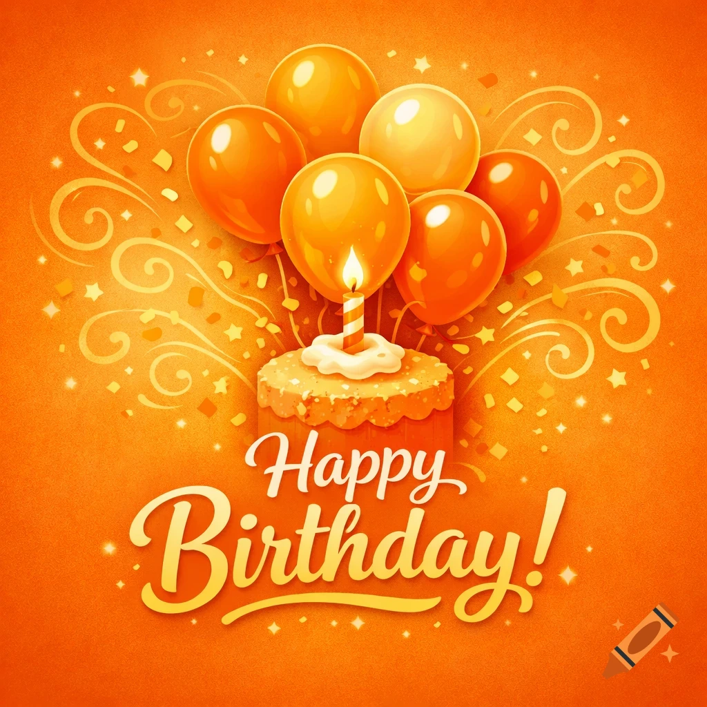 An orange birthday card with a lit candle on a cake, surrounded by balloons, confetti, and "Happy Birthday!" text.
