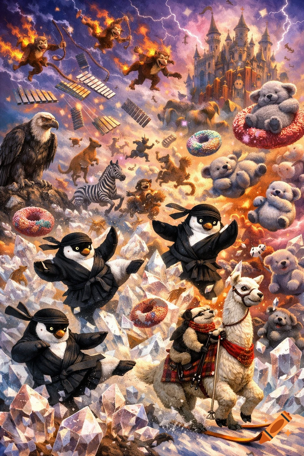 A whimsical fantasy scene with ninja penguins, a badger skiing on a llama, flaming monkeys, teddy bears, a zebra, and an eagle in a chaotic landscape with a castle, crystals, lightning, and floating donuts.