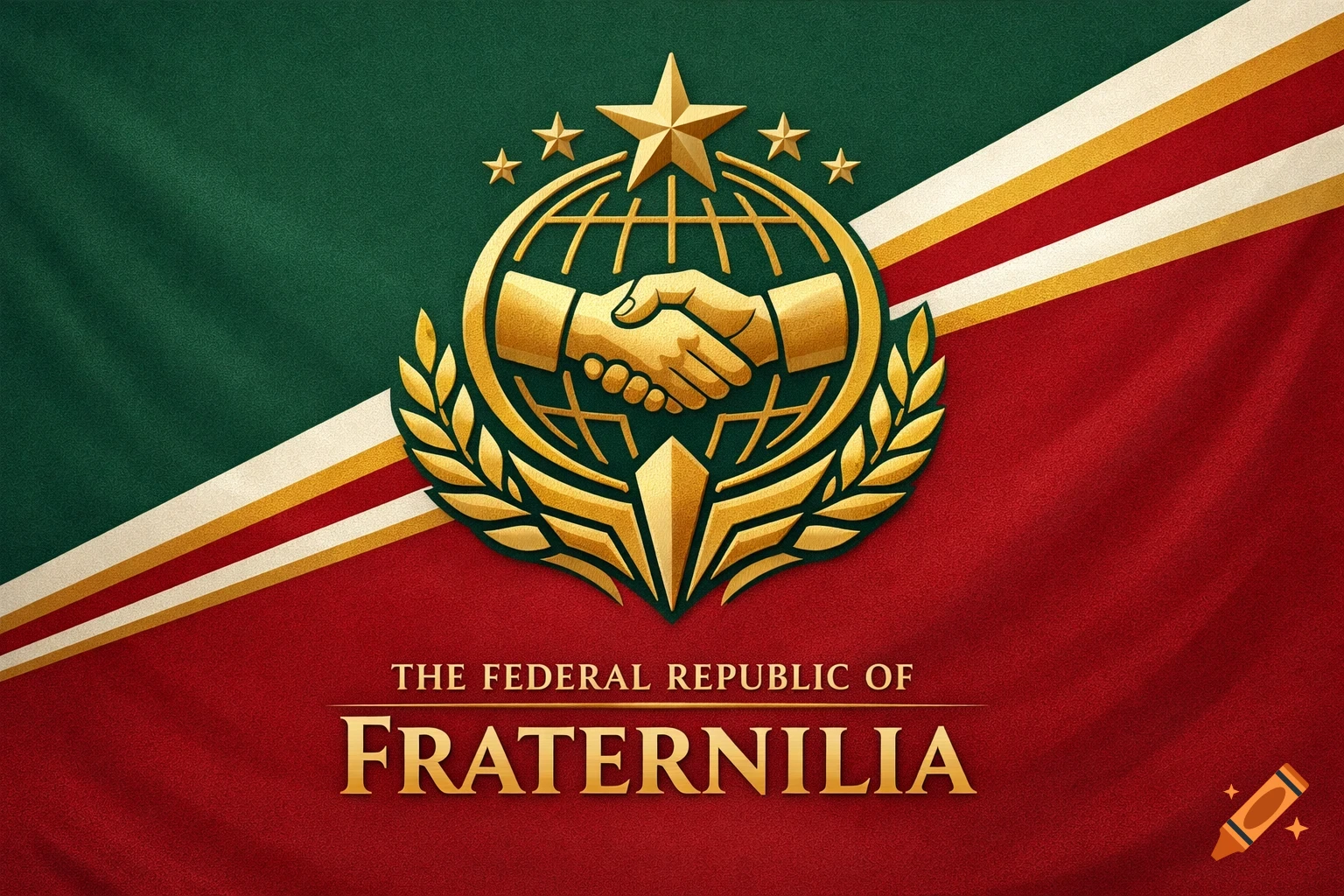 A flag with a green and red diagonal split, featuring a gold emblem of shaking hands on a globe with stars and the text "The Federal Republic of FRATERNILIA".