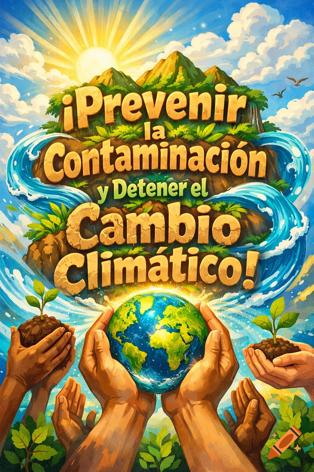 A vibrant illustration of hands holding a glowing Earth and seedlings against a backdrop of mountains and sun, with text reading "Prevent pollution and stop climate change!"