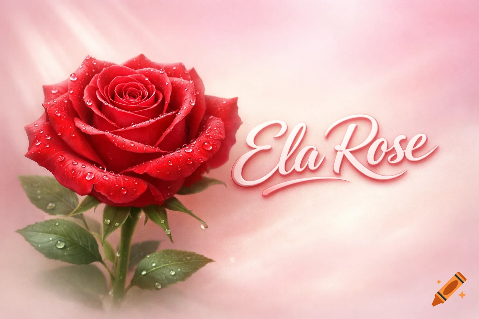 A vibrant red rose with water droplets and the name 'Ela Rose' in a cursive font on a soft pink background.