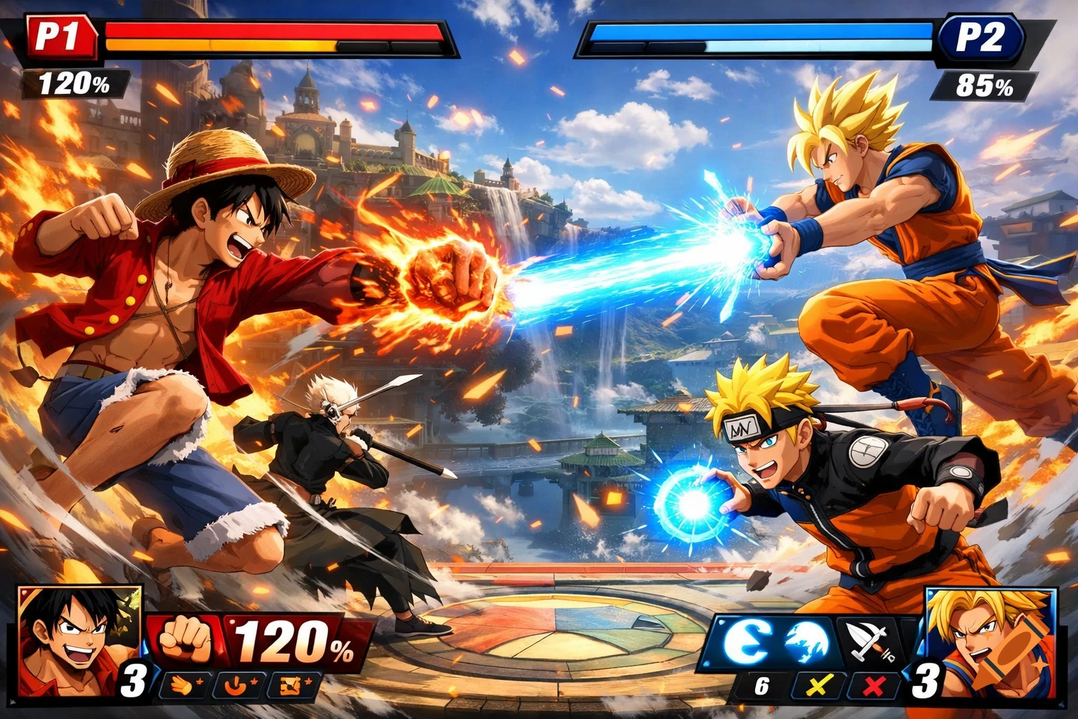 A dynamic 3D fighting game scene featuring anime characters Luffy, Goku, and Naruto using special attacks against each other, with a fantasy arena background and game UI elements.