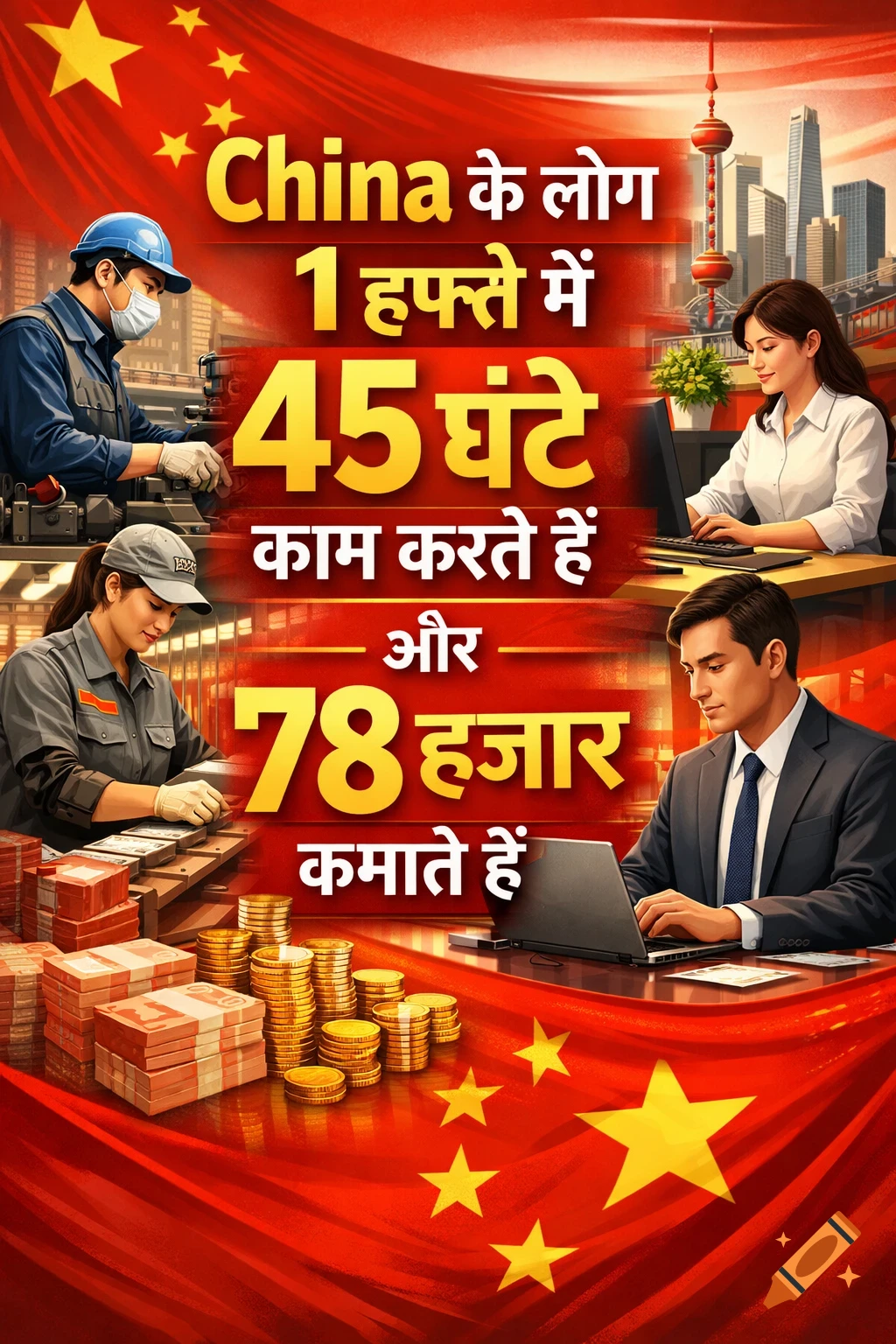 Infographic showing Chinese workers in factory and office settings with money, a cityscape, and the Chinese flag. Bold text overlays the scene.