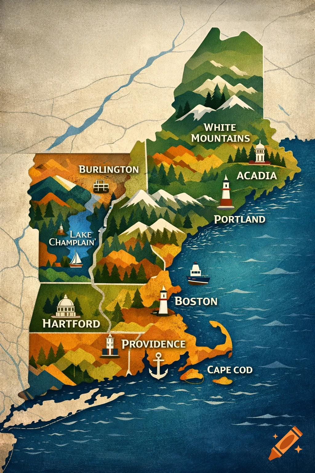 A stylized map of New England, featuring states, cities like Boston and Portland, and geographical landmarks like White Mountains and Cape Cod.