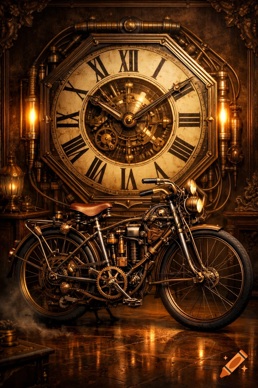 A highly detailed steampunk motorcycle with gears and pipes, parked in front of a large octagonal clock with Roman numerals, illuminated by warm lights.