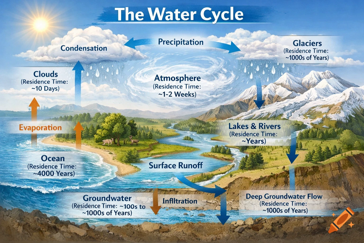 Detailed diagram illustrating the water cycle with various reservoirs like oceans, clouds, glaciers, rivers, and groundwater, showing water flows and residence times.