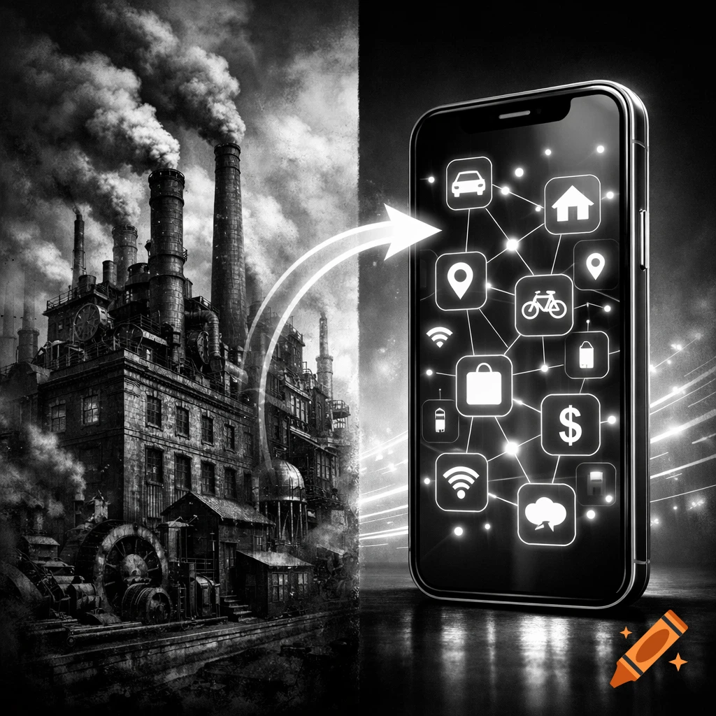 Black and white split: industrial factory, smartphone with app icons, arrow linking them, symbolizing technological evolution.