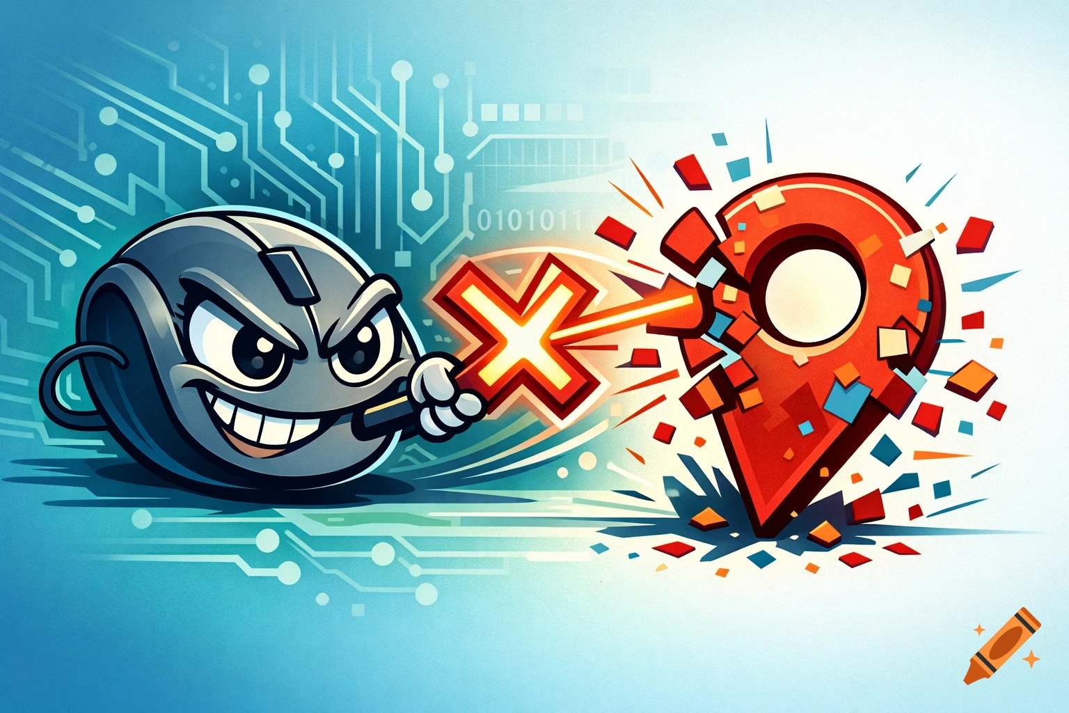 A cartoon computer mouse character holding a glowing 'X' strikes a shattering red location pin, against a blue circuit board background.