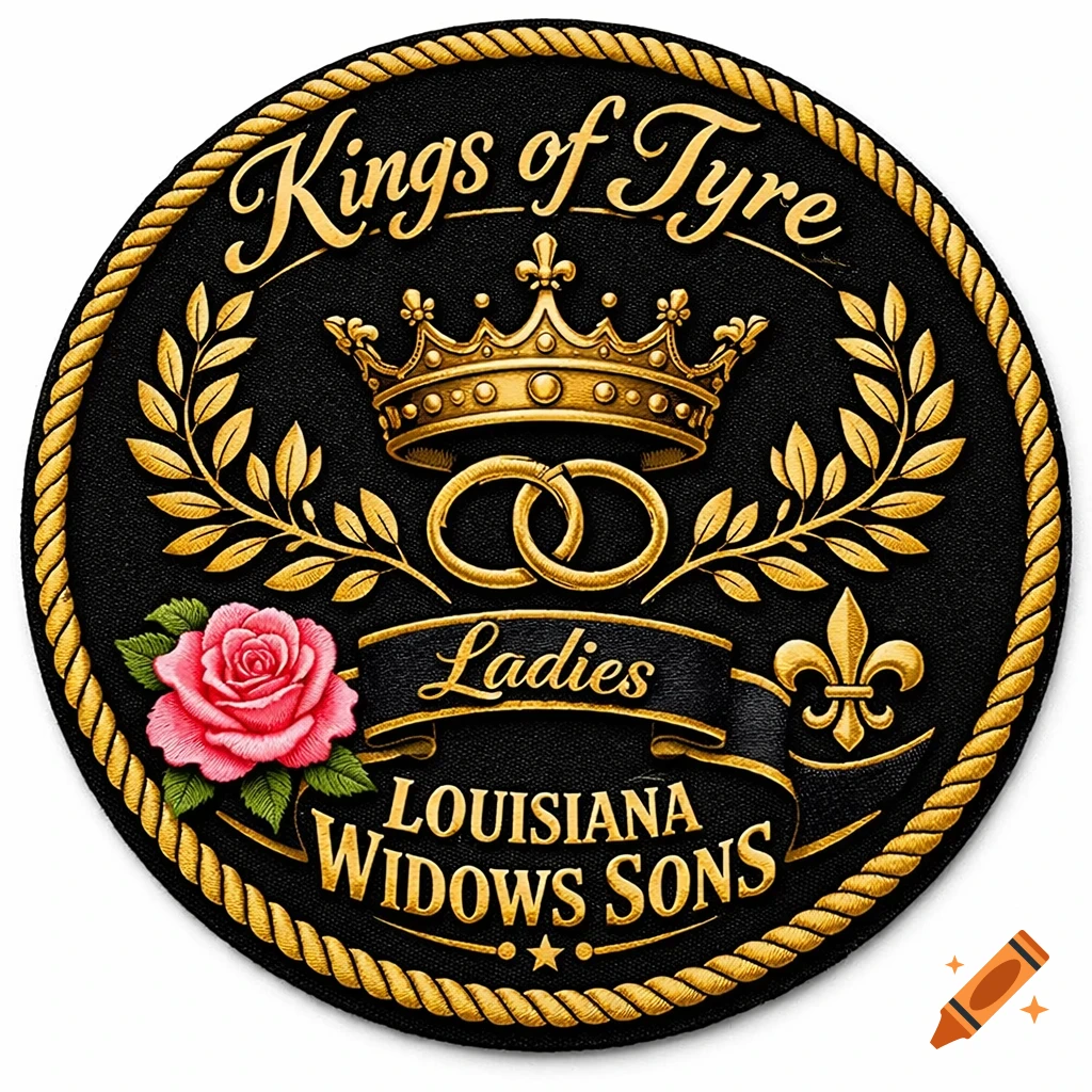 Round black patch with gold lettering 'Kings of Tyre', 'Ladies', 'Louisiana Widows Sons', featuring a gold crown, rose, rings, fleur-de-lis, and a gold rope border.