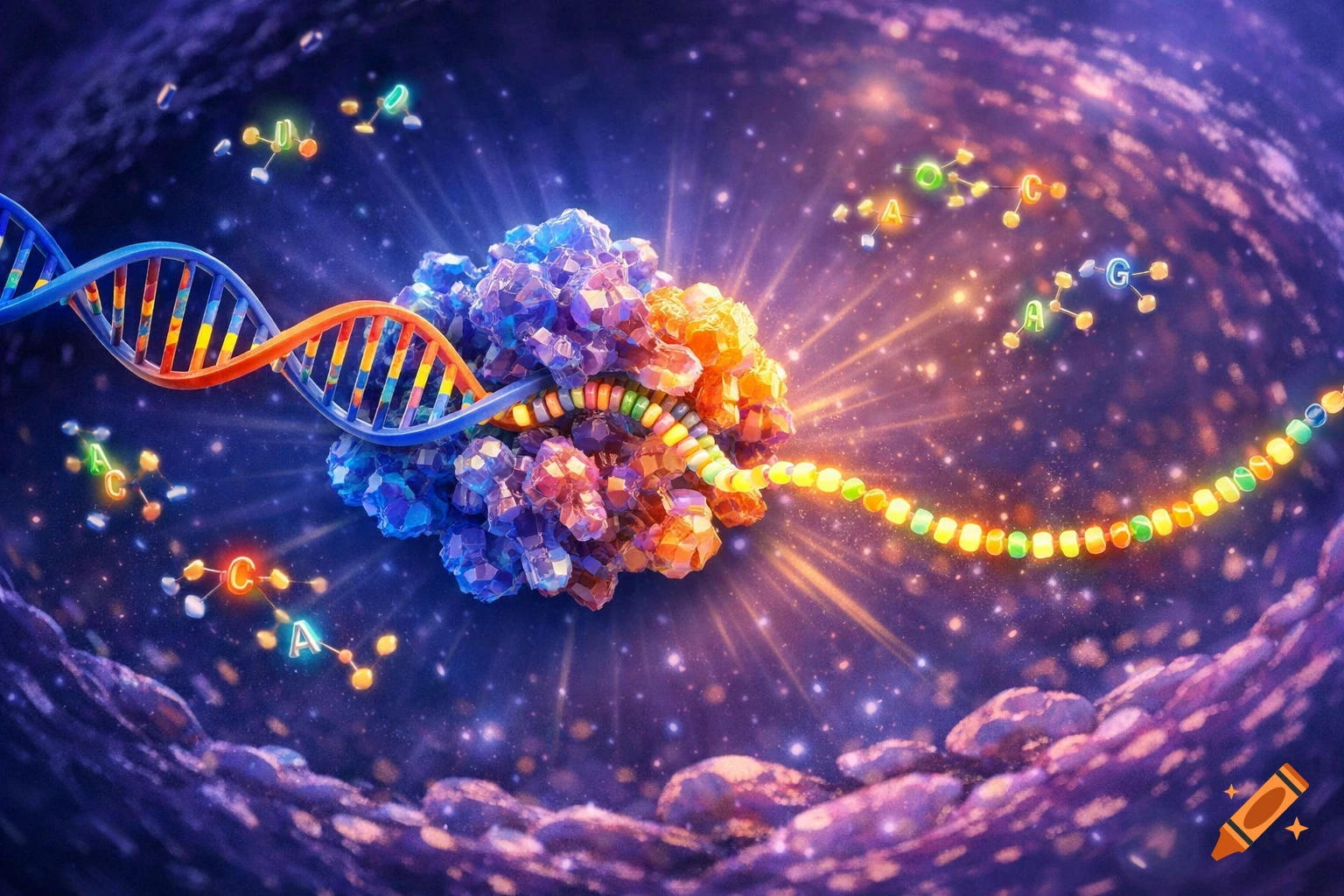Vibrant illustration of DNA transcription with a colorful double helix, protein complex, and glowing RNA strand against a shimmering purple background.