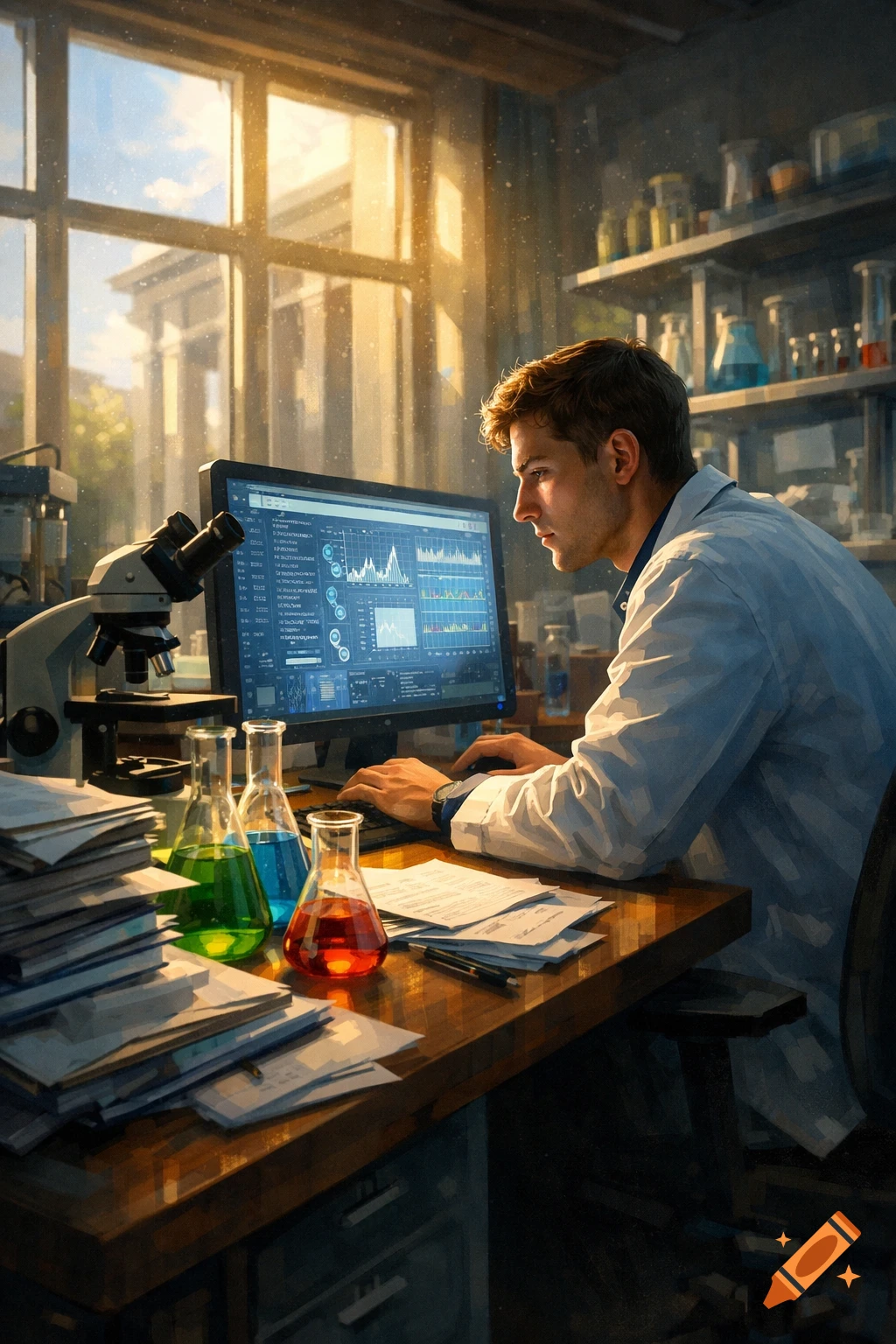 A male scientist in a lab coat works at a computer with data graphs in a sunlit laboratory, with beakers and a microscope on the desk.