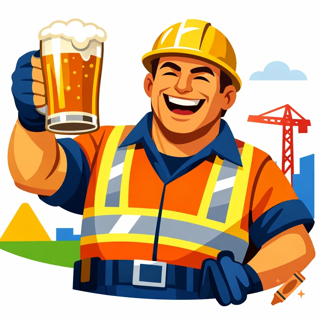 A joyful construction worker in a hard hat and safety vest holds up a frothy beer in a modern vector illustration style, with a crane in the background.