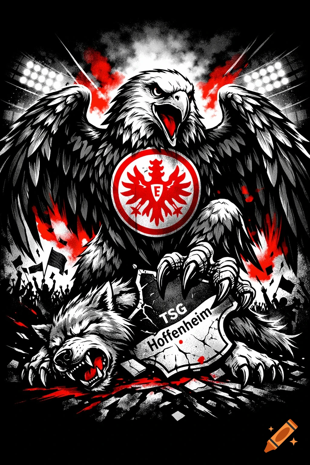 A stylized black and white eagle, symbol of Eintracht Frankfurt, clutches a broken shield inscribed 'TSG Hoffenheim' over a defeated wolf, with red splatters and stadium lights in the background.