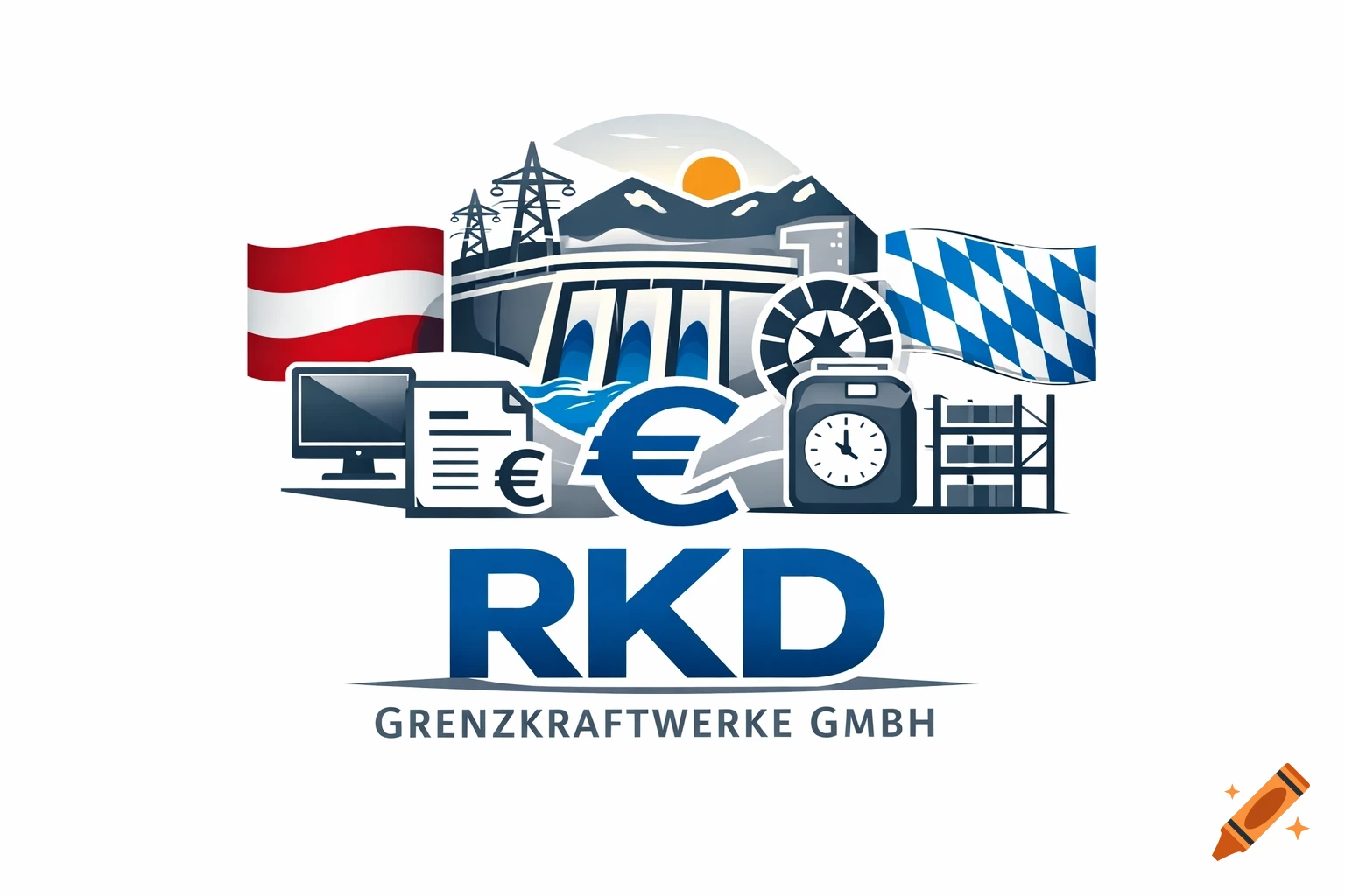Logo for RKD Grenzkraftwerke GmbH: hydroelectric plant, Austrian and Bavarian flags, computer, document, euro symbol, clock, and shelves.