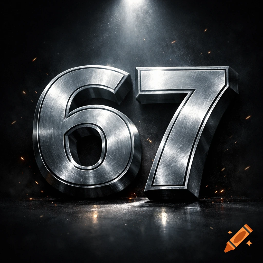Metallic 3D numbers 6 and 7, illuminated from above, on a dark, textured surface with faint sparks.