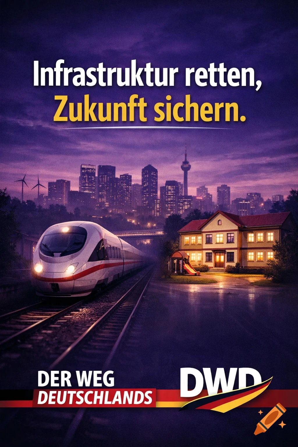 Political poster at dusk with a high-speed train on tracks, a house, and a city skyline. Text: "Infrastruktur retten, Zukunft sichern." and "DWD DER WEG DEUTSCHLANDS".