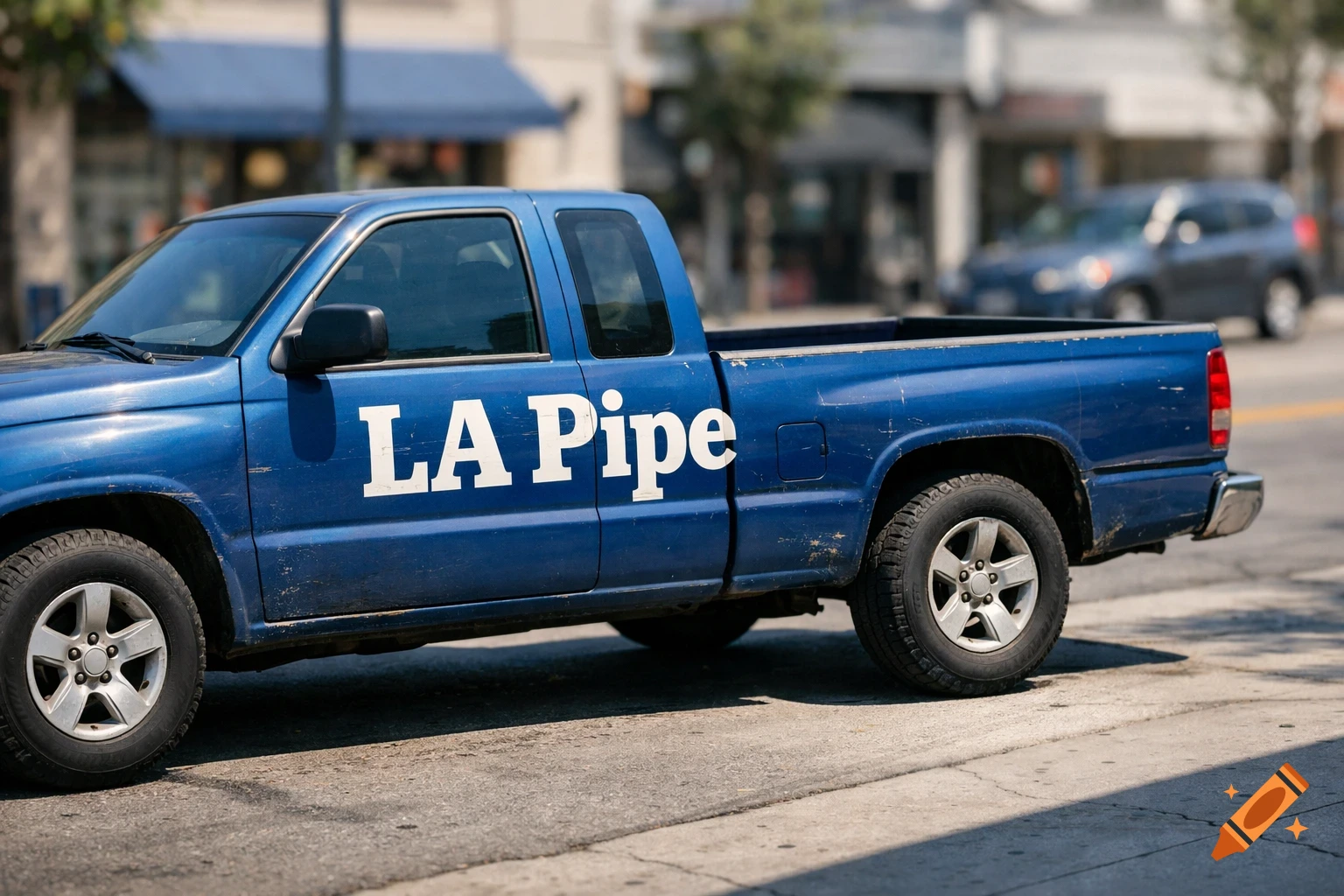 A photorealistic image of a blue pickup truck with "LA Pipe" written in white letters on its side, parked on a sunlit street.