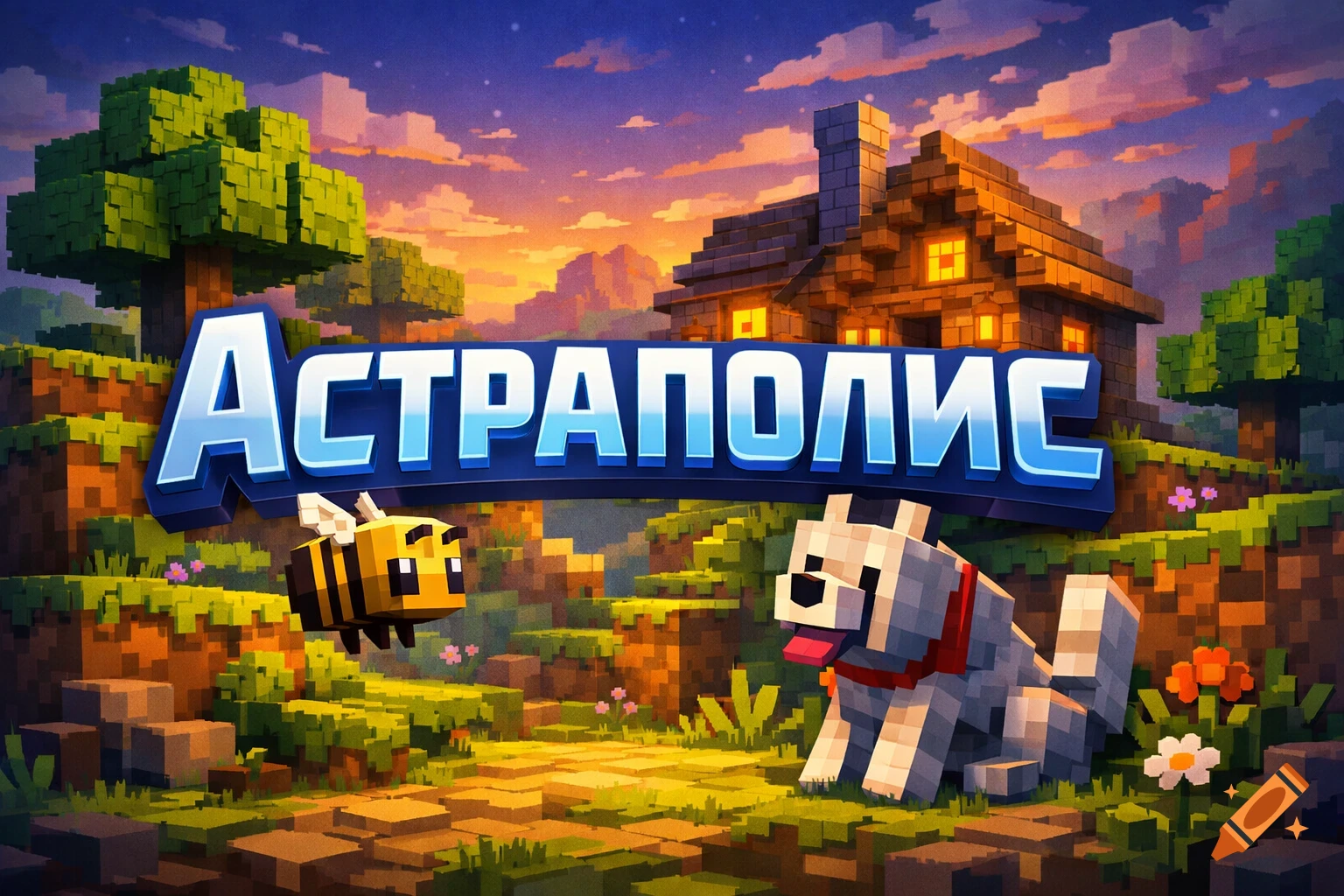 Minecraft-style landscape at sunset with a blocky house, trees, a flying bee, a white dog, and the text " A S T R A P O L I S ".
