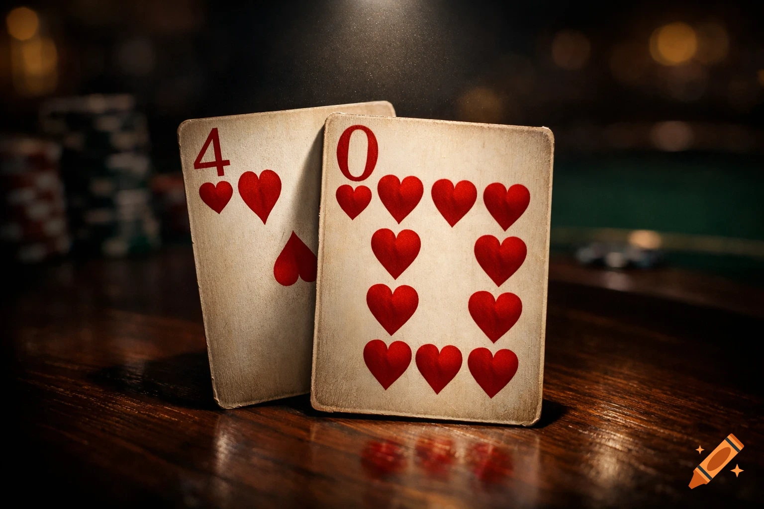 Close-up of two aged poker cards, a 4 of hearts and a 0 of hearts, on a wooden table in a dimly lit setting with bokeh lights.