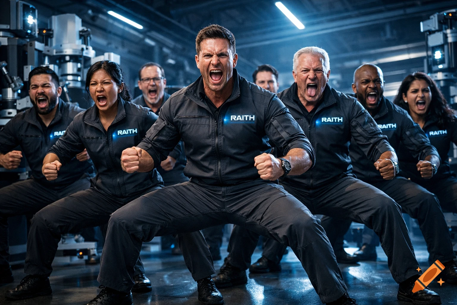 A diverse group of engineers in dark grey jumpsuits with glowing RAITH logos, performing a powerful haka pose in a futuristic lab.