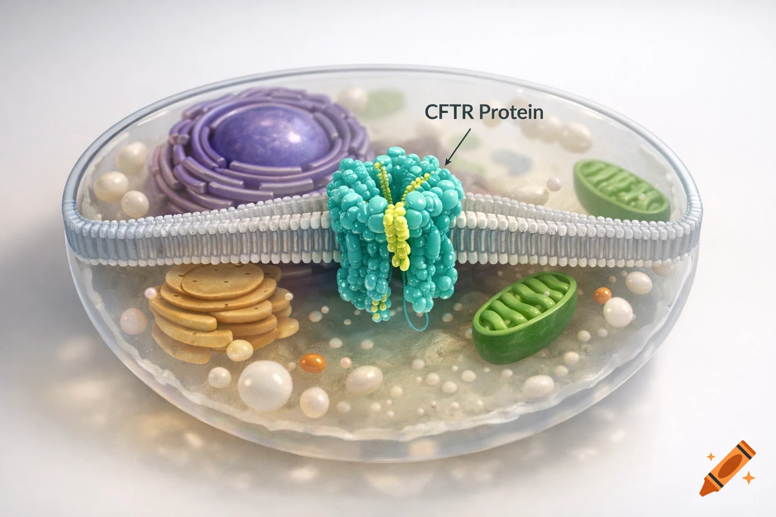 3D scientific illustration of a human lung cell showing the CFTR protein embedded in the cell membrane, surrounded by organelles.