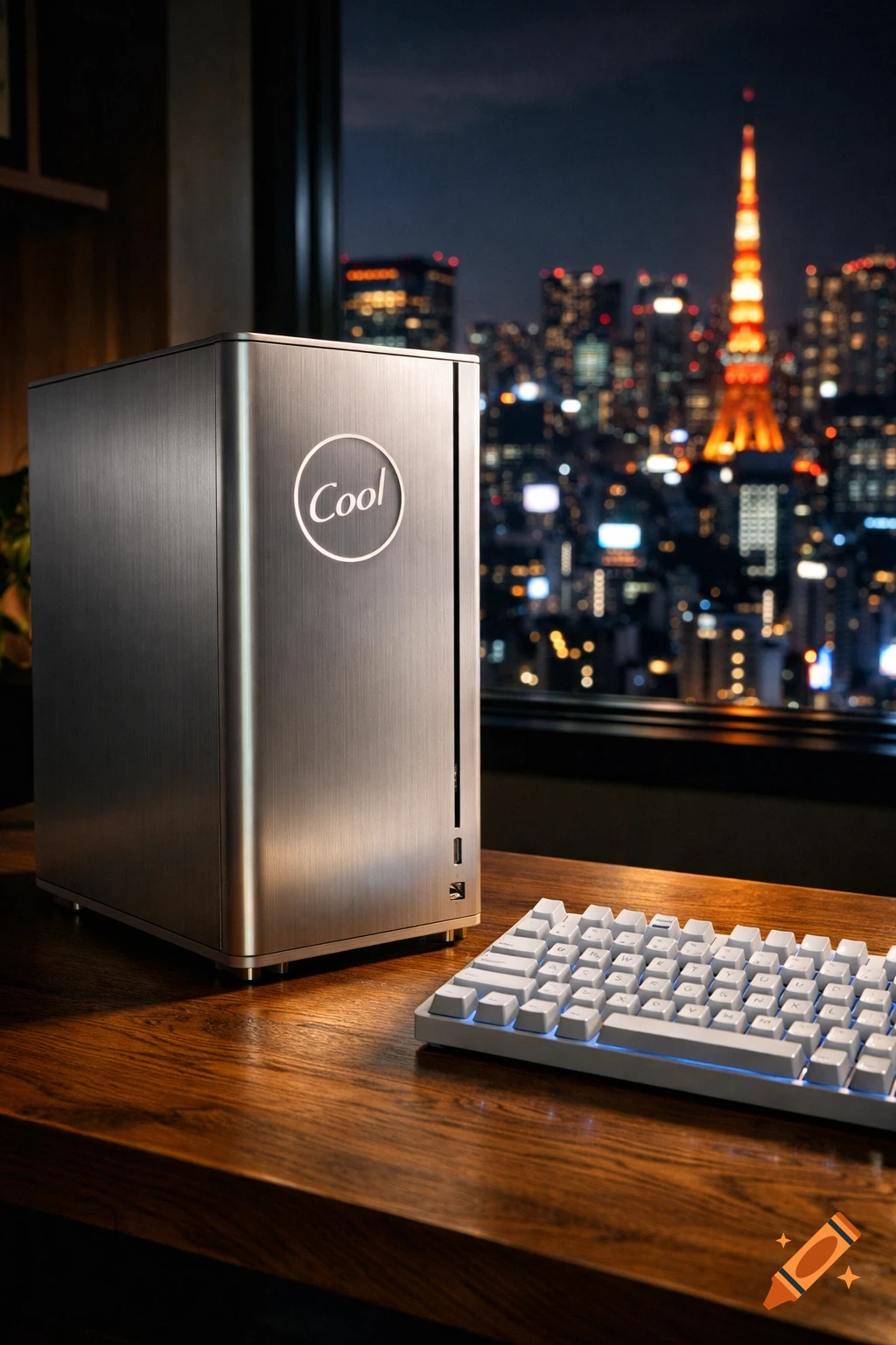 A high-end silver minimalist desktop PC tower with a 'Cool' logo on a wooden desk, next to a white keyboard with blue backlighting, overlooking a Tokyo cityscape at night.
