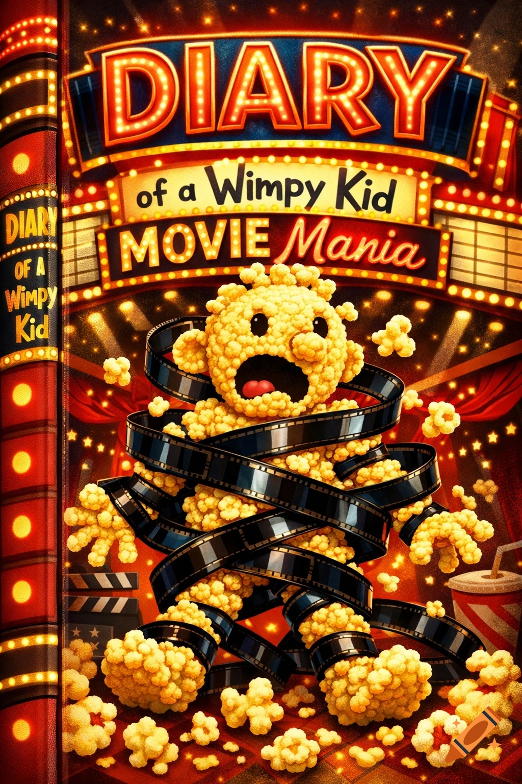 Vibrant cartoon book cover for 'Diary of a Wimpy Kid Movie Mania' featuring a popcorn character tied with film strips on a movie marquee.