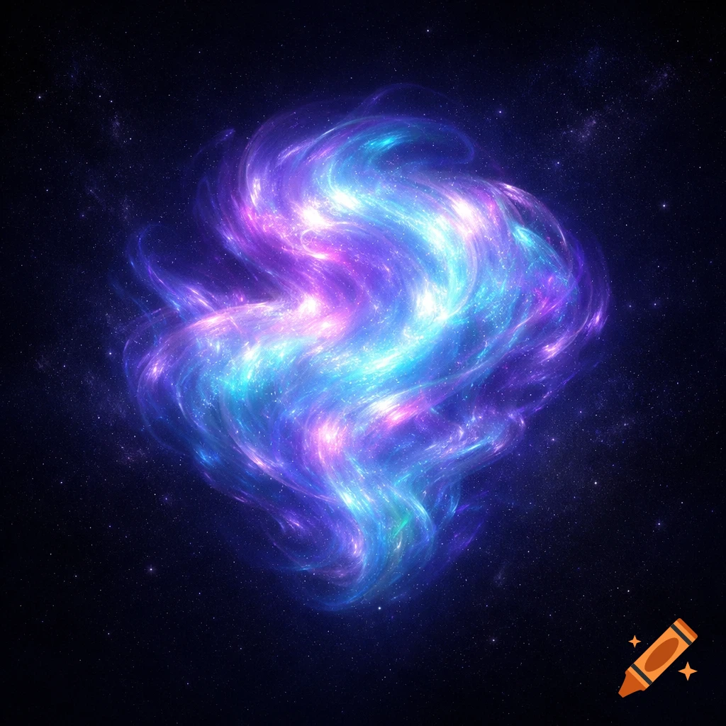 Vibrant abstract nebula of swirling blue, purple, and pink light against a dark starry background.