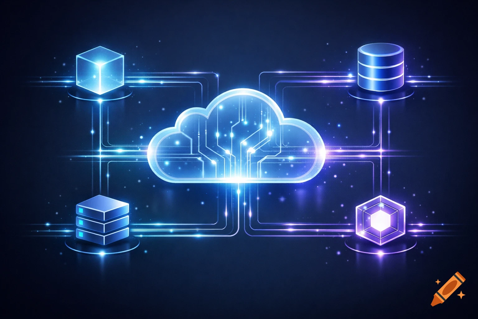 A glowing blue cloud icon with circuit patterns, connected to server, database, and data storage units via illuminated lines, against a dark blue background.