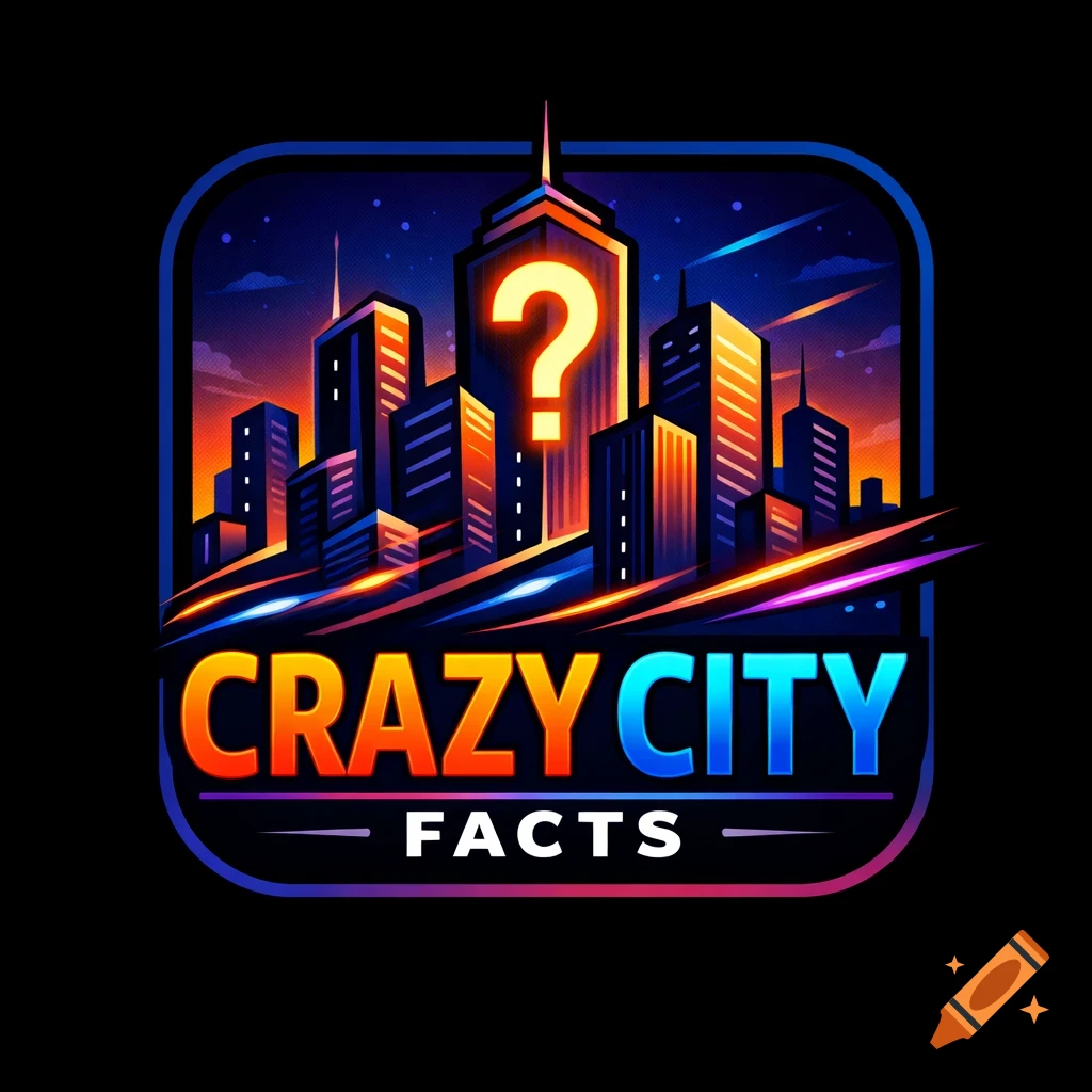 A stylized logo featuring a dark city skyline with glowing windows and vibrant light trails. A large question mark is prominently displayed on a central skyscraper, with the text "CRAZY CITY FACTS" below, all within a rounded border.