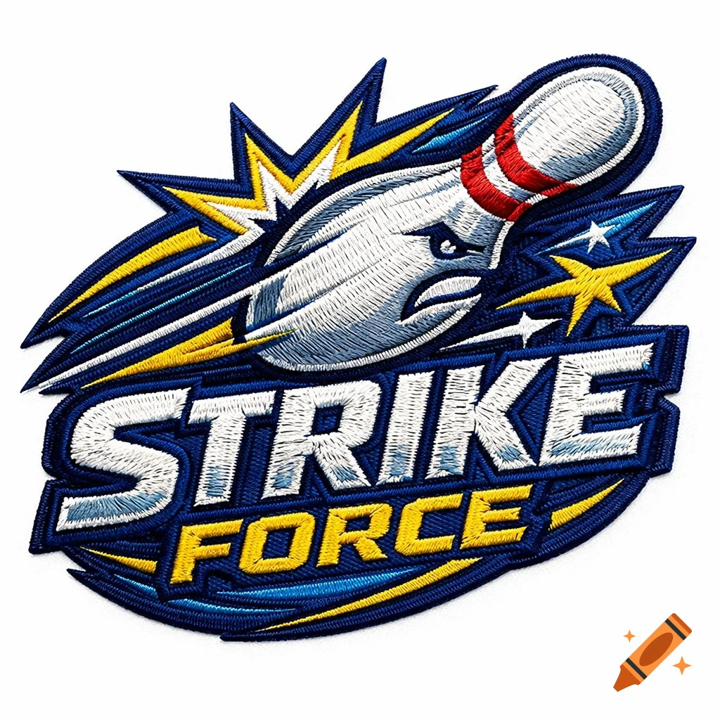 Embroidered logo for Strike Force bowling team, featuring an angry bowling pin, lightning bolts, and stars in blue, white, and yellow.