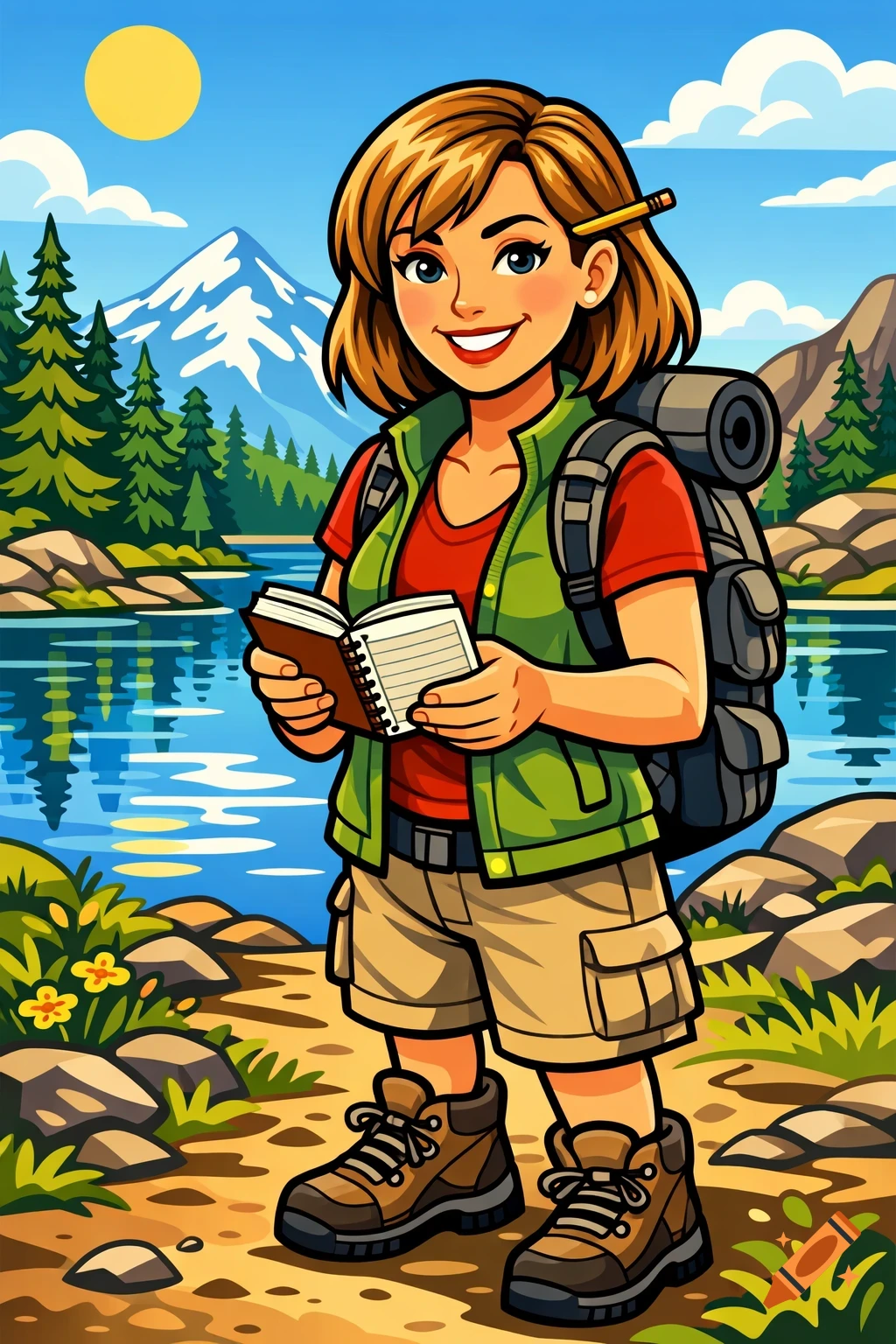 Cartoon woman hiker with shoulder-length hair, holding a notebook, smiling in front of a forest, mountain, and lake in vector style.