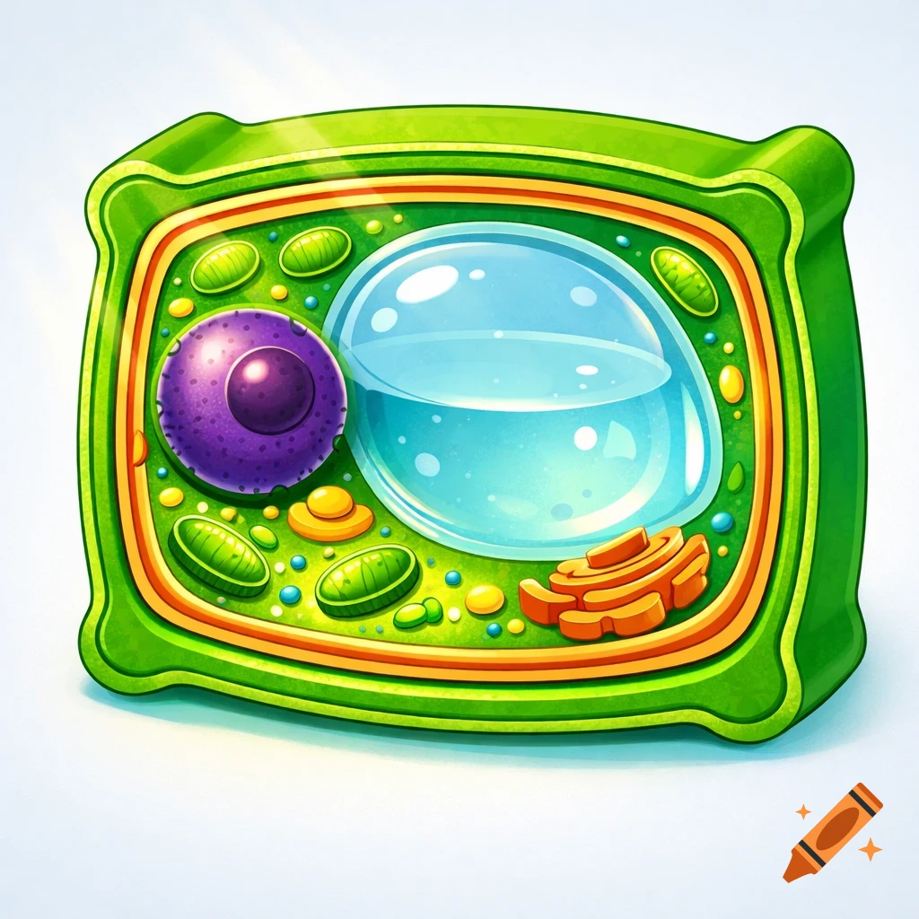 A colorful, vibrant cartoon illustration of a plant cell, showing its internal organelles in shades of green, purple, and orange.