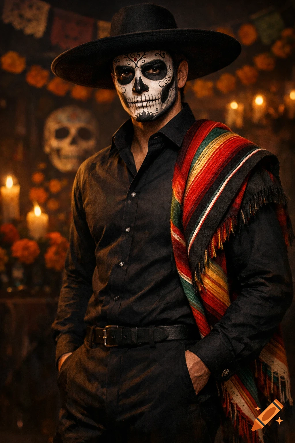 A man in a black suit with a sombrero and a colorful serape, his face painted as a sugar skull for Dia de los Muertos. Photorealistic.