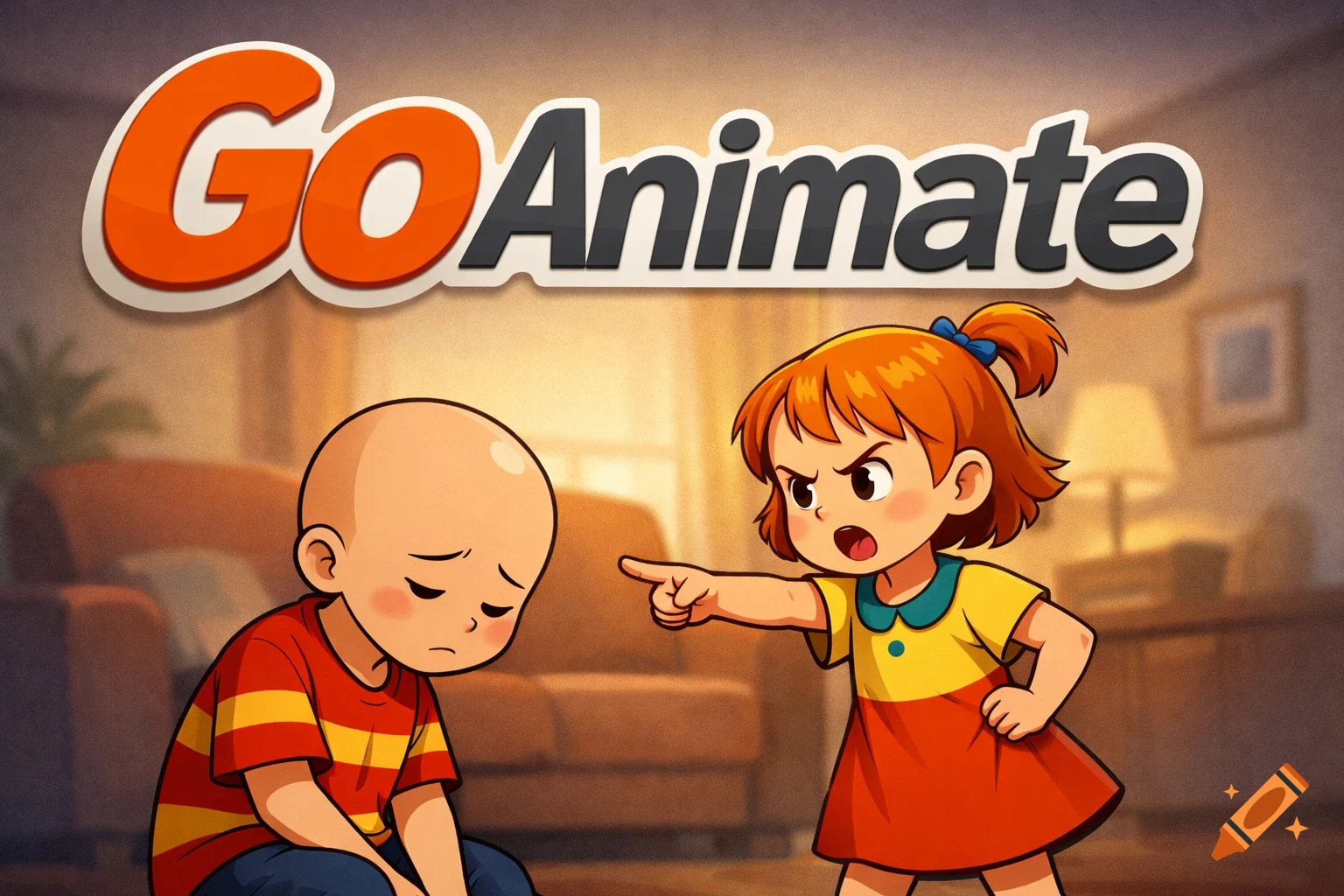 Cartoon of a sad bald boy being reprimanded by an angry girl, with the GoAnimate logo above.