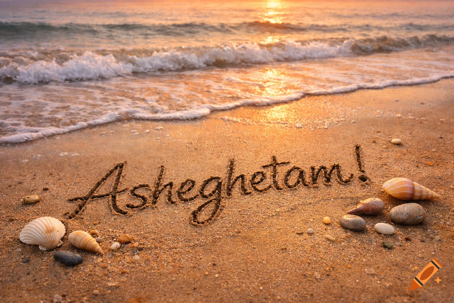 Photorealistic image of 'Asheghetam!' written in the sand on a beach at sunset with waves and seashells.