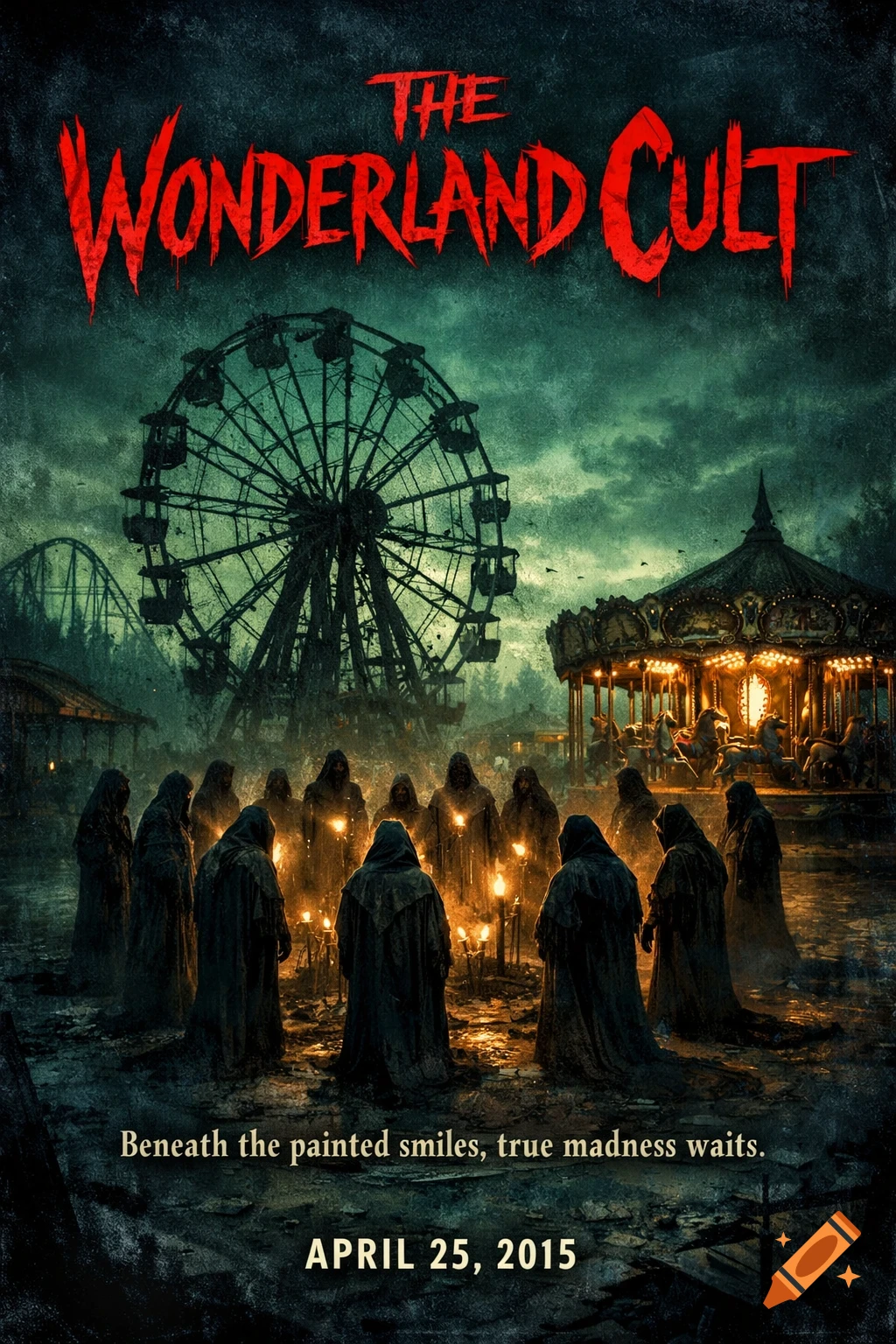 A dark horror movie poster for 'The Wonderland Cult,' depicting robed cult members in a desolate amusement park at night.
