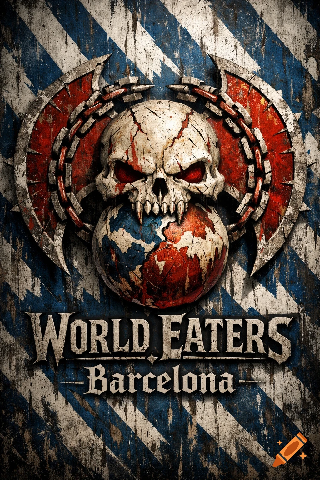 A grim, cracked skull with red eyes bites a blood-splattered globe, set against a distressed blue and white striped background. Text reads 'WORLD EATERS Barcelona'.