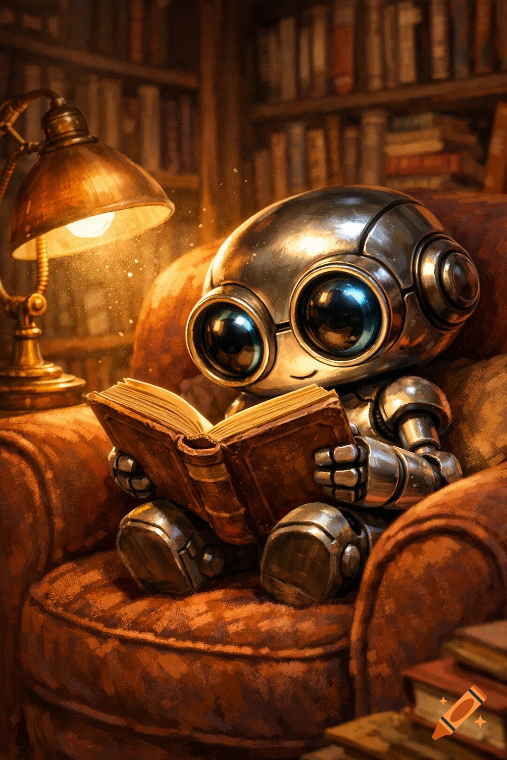 A cute robot with large eyes sits in a cozy armchair under a warm lamp, reading an open book in a library.